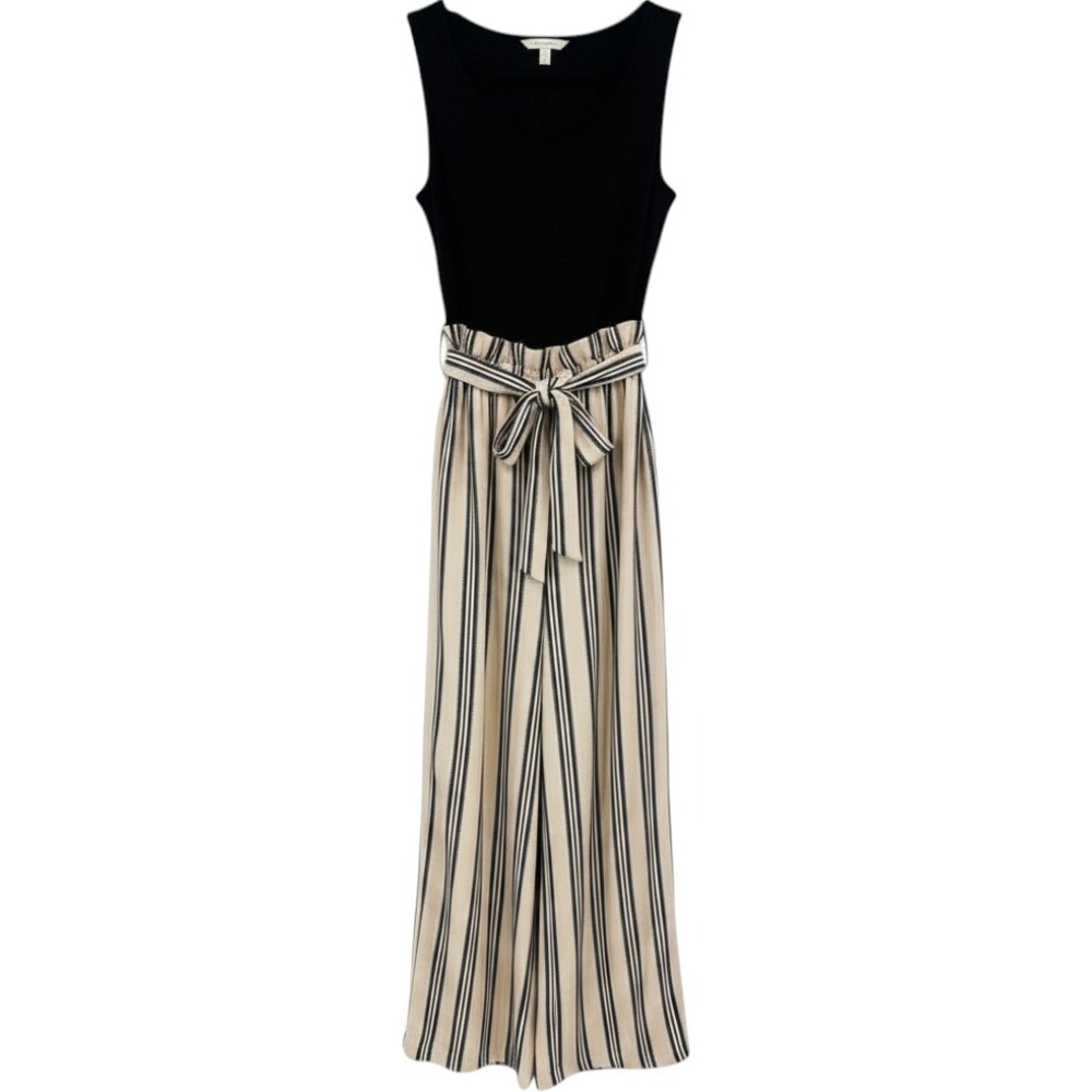 As U Wish Jumpsuit Womens Large Black Cream Striped Paperbag Waist Sleeveless